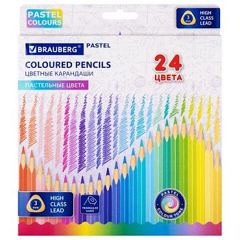 Карандаши 24 цвета "Пастель" BRAUBERG грифель 3 мм 1/6