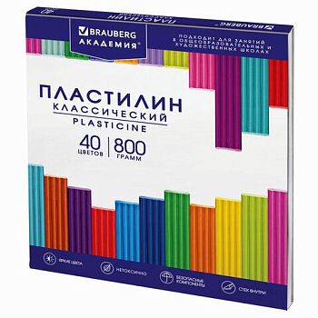 Пластилин 40 цветов "АКАДЕМИЯ КЛАССИЧЕСКАЯ" BRAUBERG 800г, со стеком 1/5