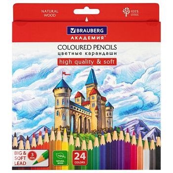 Карандаши 24 цвета "АКАДЕМИЯ" BRAUBERG мягкие грифель 3 мм 1/3
