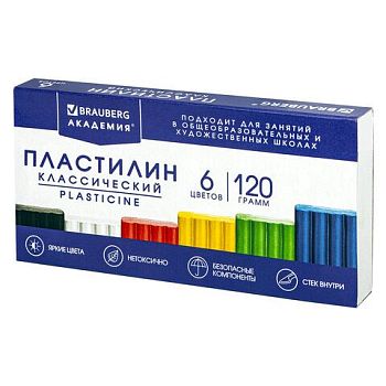 Пластилин  6 цветов "АКАДЕМИЯ КЛАССИЧЕСКАЯ" BRAUBERG 120г, со стеком 1/16 106440
