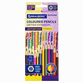 Карандаши 12 цветов "BRAUBERG BICOLOR" с двухцветным грифелем 1/4шт