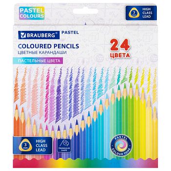 Карандаши 24 цвета "Пастель" BRAUBERG грифель 3 мм 1/6